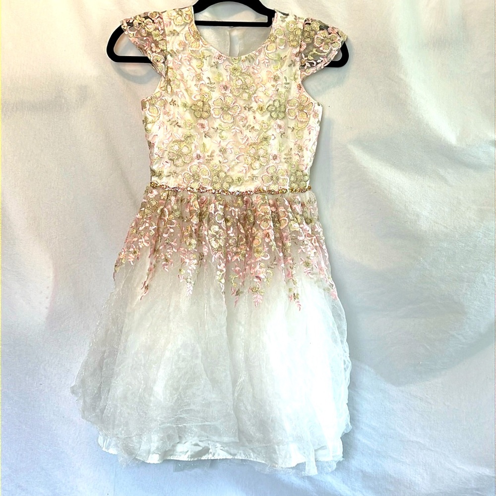 ⭐️ Rare Editions Princess dress white pink & gold floral bling crinoline girl 12